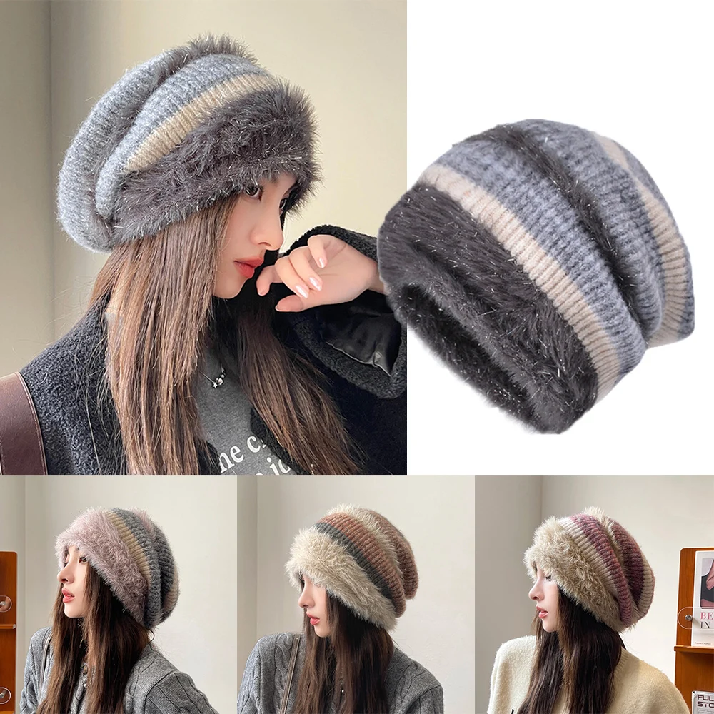 Wool Knitted Hat for Women Winter Warm Striped Pile Cap Soft Knitted Plush Cap Hat Head Sleeve Cold Ear Protection Hat Fashion