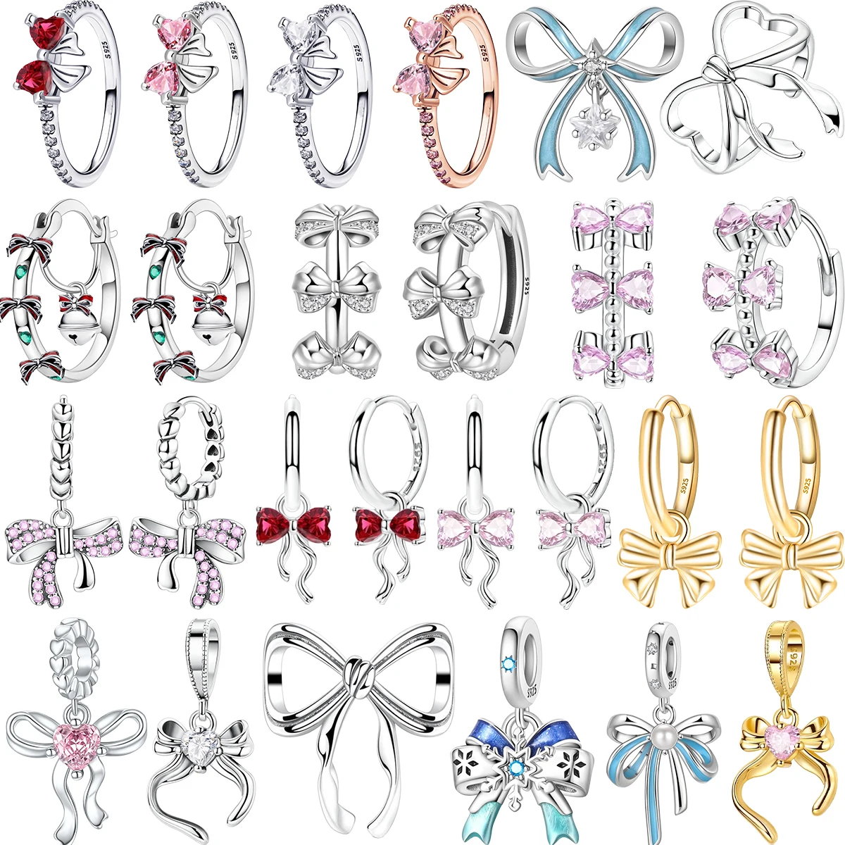 

Original 925 Sterling Silver Charms Colorful Bow Set Earrings Ring Beads Pendant for Women Bracelets Necklaces DIY Jewelry Gift