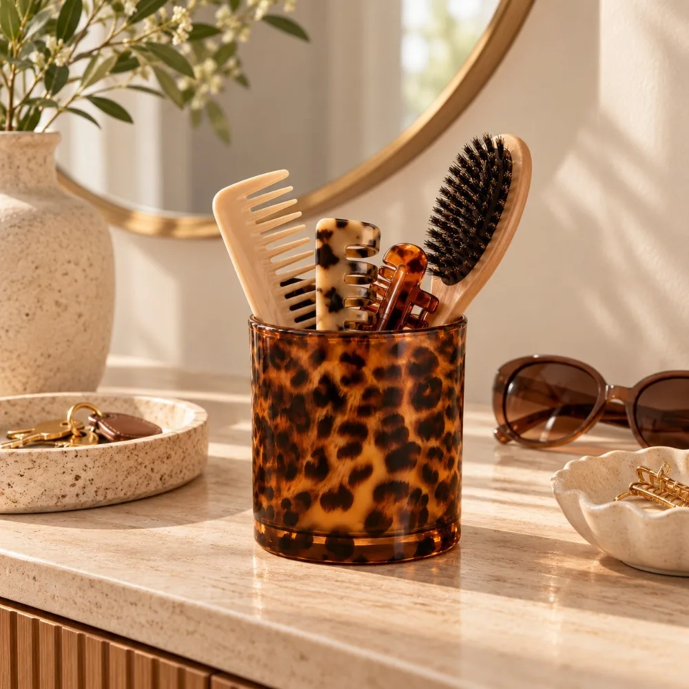 Leopard Print Glass Makeup Brush Holder,Amber Tortoiseshell Cosmetic Organizer Cup for Makeup Brushes,Eyeliner,Lipsticks and Beauty Tools,Glossy Vanity Storage Canister for Bathroom Counter,Dresser,Desktop Organization and Chic Home Decor