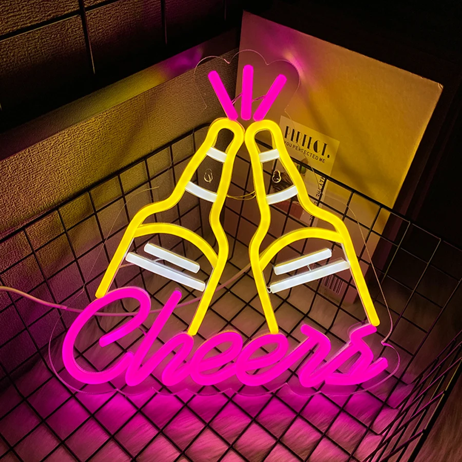 Cheers Led Neon Sign, Beer Bottle Touching Icon Business Signboard, Suitable For Art Decor Of Man Cave Restaurant In Bar Club.