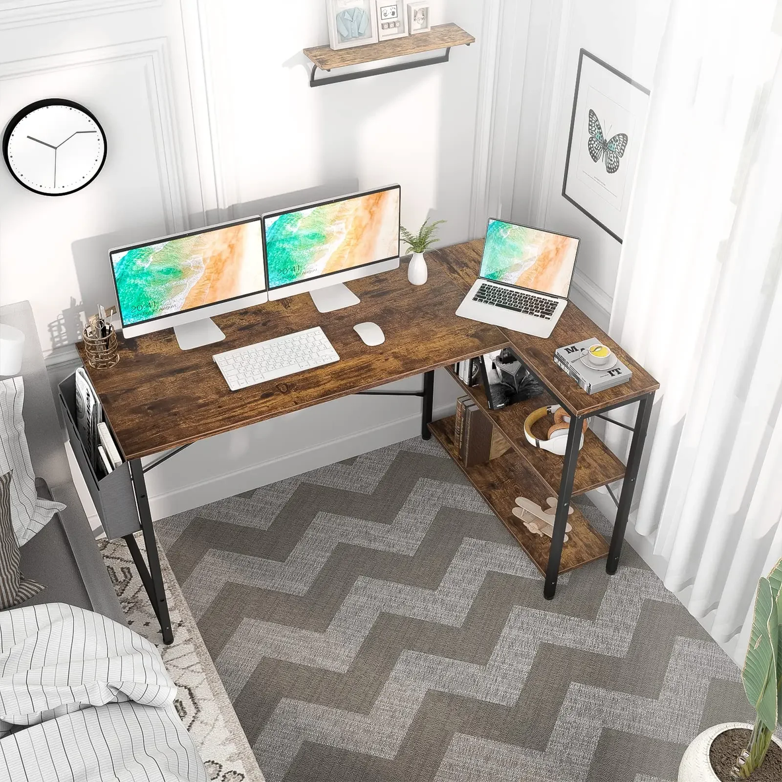 

Небольшой L-образный компьютерный стол, 47-дюймовый L-образный угловой стол с двусторонними полками для хранения для рабочей станции домашнего офиса