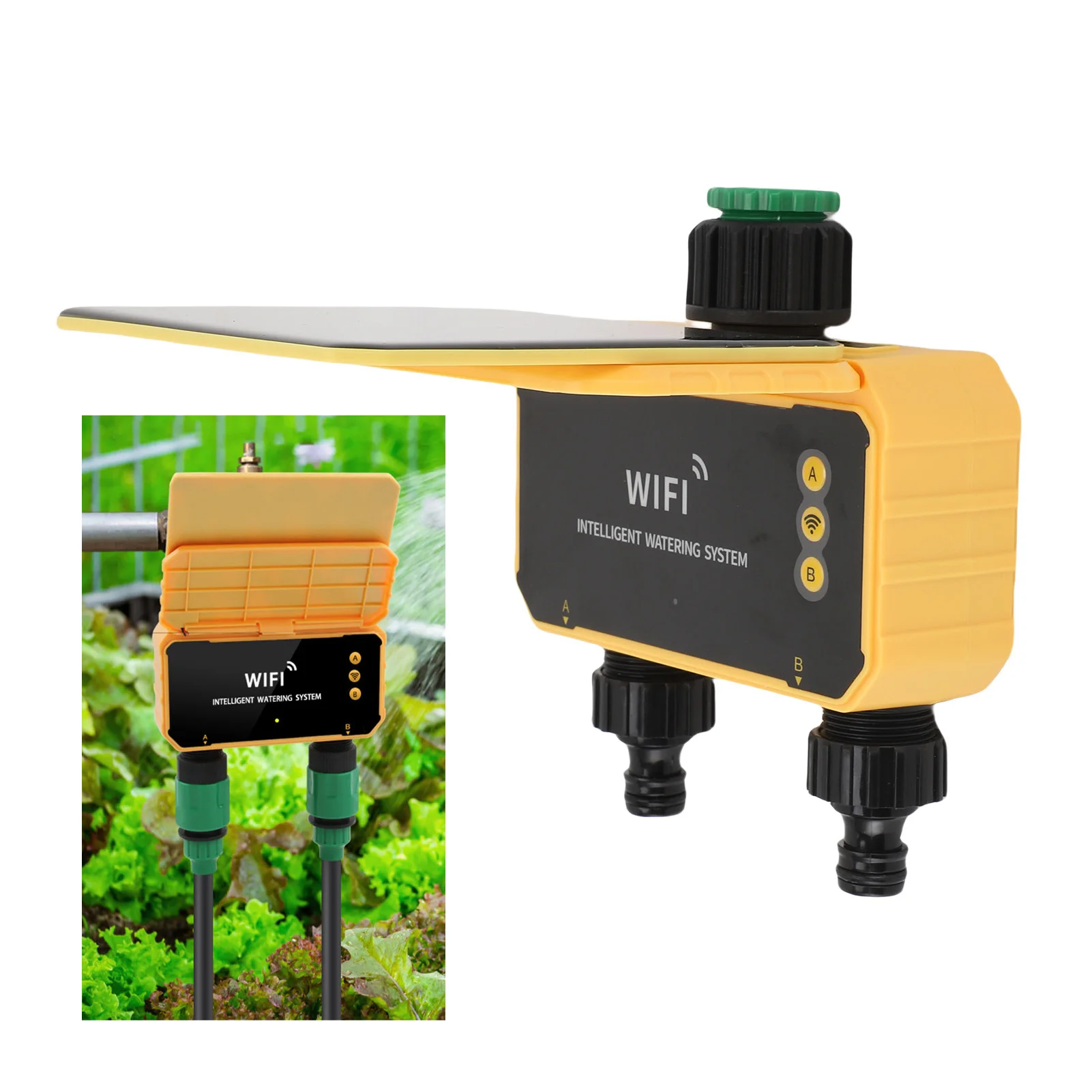 Watering Timer Auto Manual 3200mAh Battery 2 Outlet Sprinkler Timer WiFi APP Control Rain Sensing Function for Villa Courtyard
