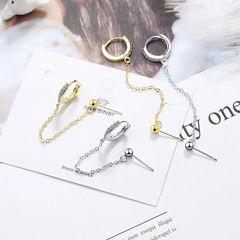 Gold Silver Color Plated Double Hole Link Chain Circle Hoop Earrings Zircon Star Lightning Eye Pendant Huggie Piercing Earring