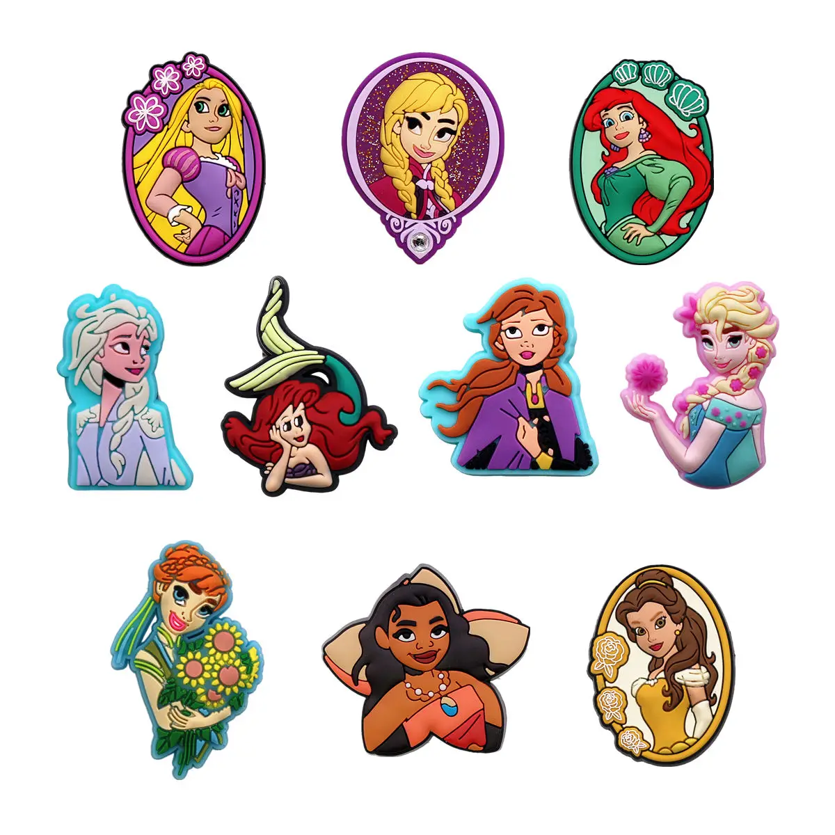 1 Pcs Disney Princess PVC Shoe Charms Decorations Cute Rapunzel Elsa Anna Ariel Moana Belle Upper Buckle Accessories Clog Clips