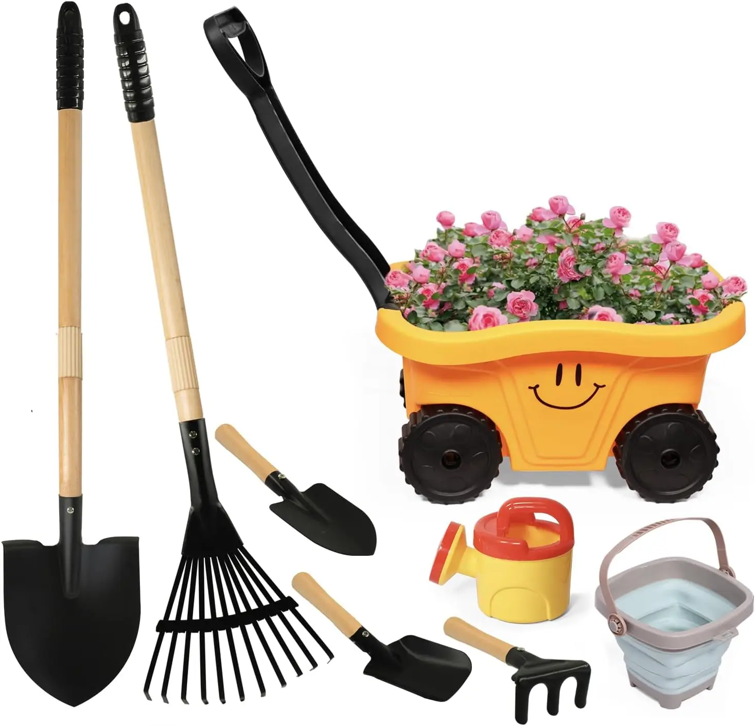

Набор детских садовых инструментов с тачкой, граблями и лопатой для игр на улице, пляжа, песочницы, кемпинга - для детей 2-5 лет