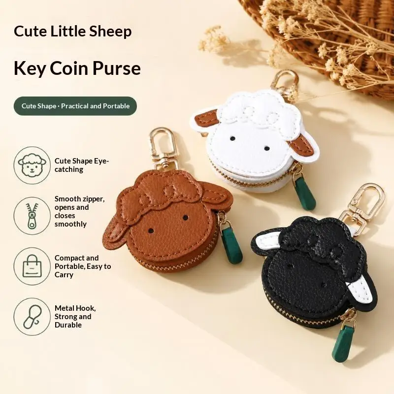 PU Leather Cute Sheep Coin Purse Smooth Zipper Sturdy Keychain For Daily Storage Bag Decoration Supplies