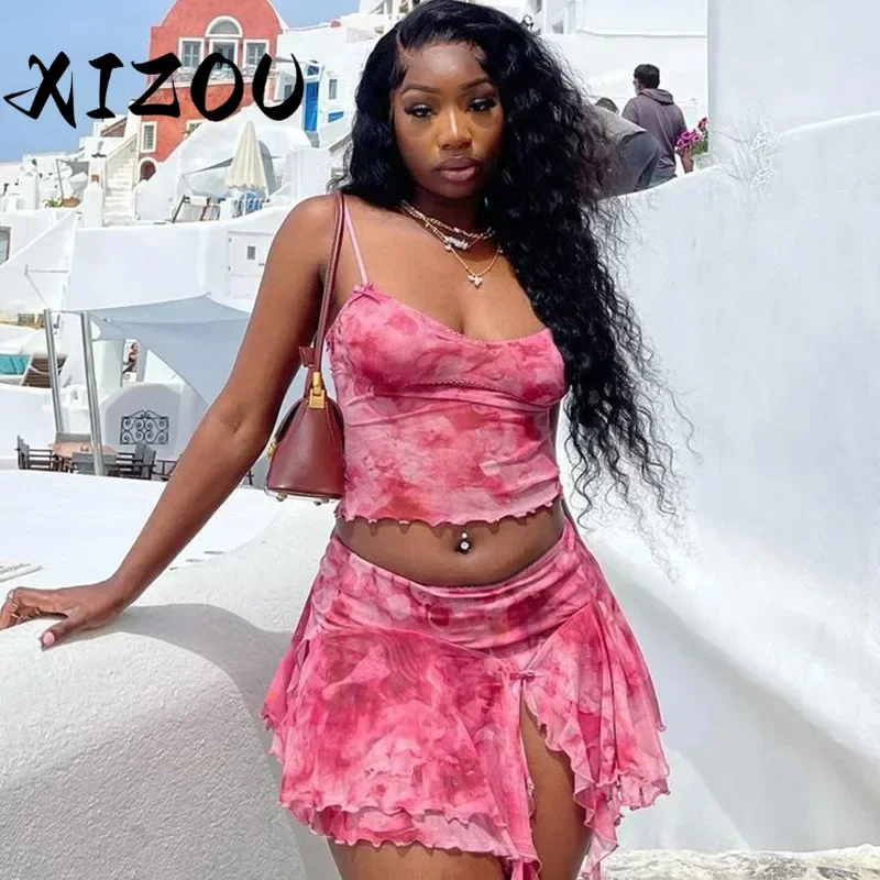 XIZOU Mesh Two Piece Skirt Sets Sexy Outfits Women Printed Camisole Vest + Ruffles Split Mini Skirts Suit Beach Vocation 2024