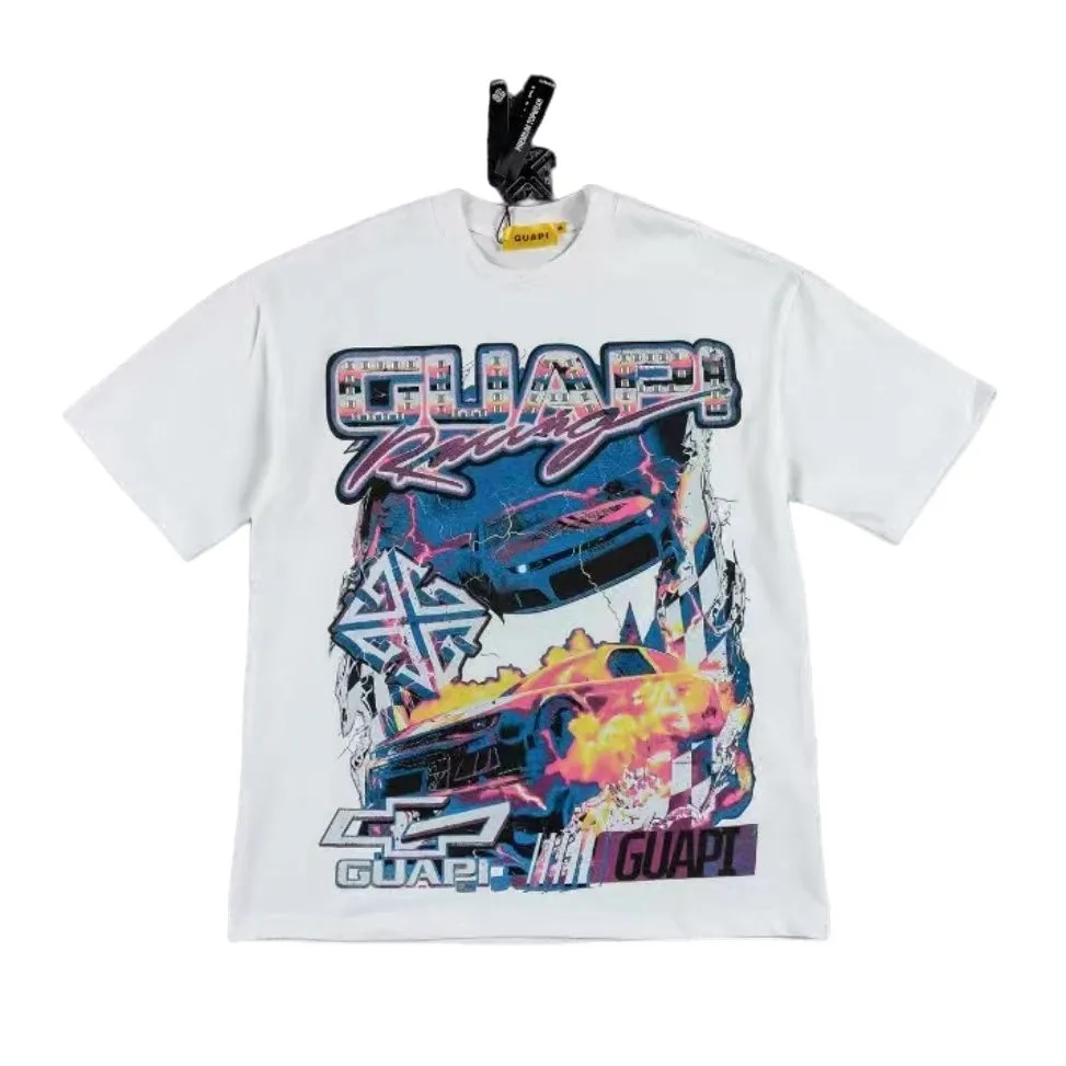 Guapi Retro Racing Car Racing Short Sleeve Retro Flame Racing Heavy Wash T-Shirt for Men and Women
