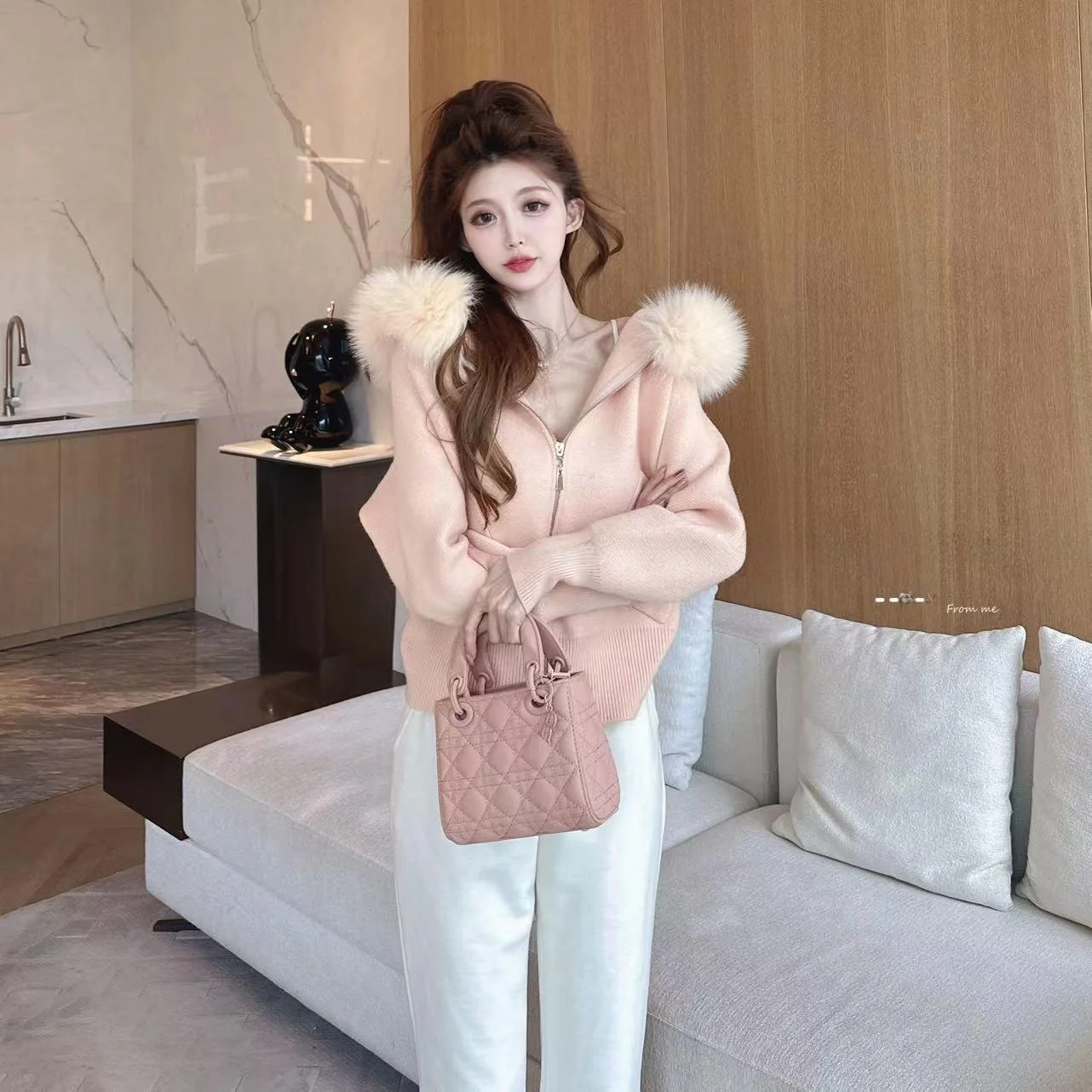 Ladies Thiened Knitted Coat with Fur Collar Spring Autumn New Sle Faionable Slimming Hooded Knitwear Women's Outerwear