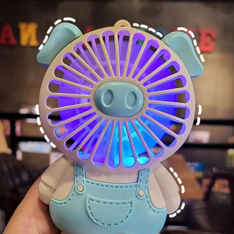 Handheld Fan Mini Cute Pig Personal Fan With Rechargeable Battery And Lights Cartoon Portable Fan With 2 Speed Level For Women