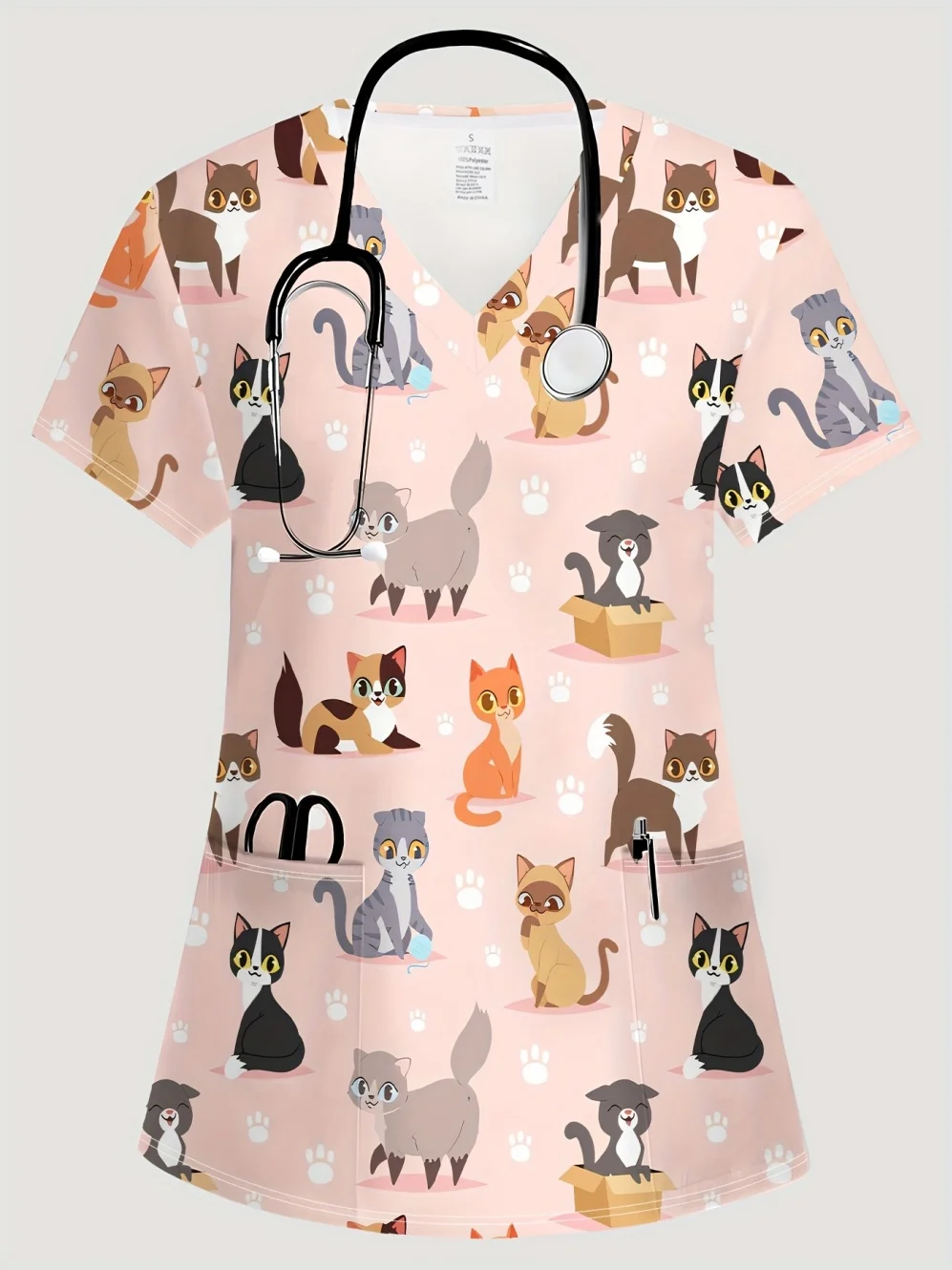 

Clinical Uniform Woman Cartoon Cat Printed Top Summer Fashion V-Neck Short Sleeve with Pockets Dentist Medical Uniforms Woman