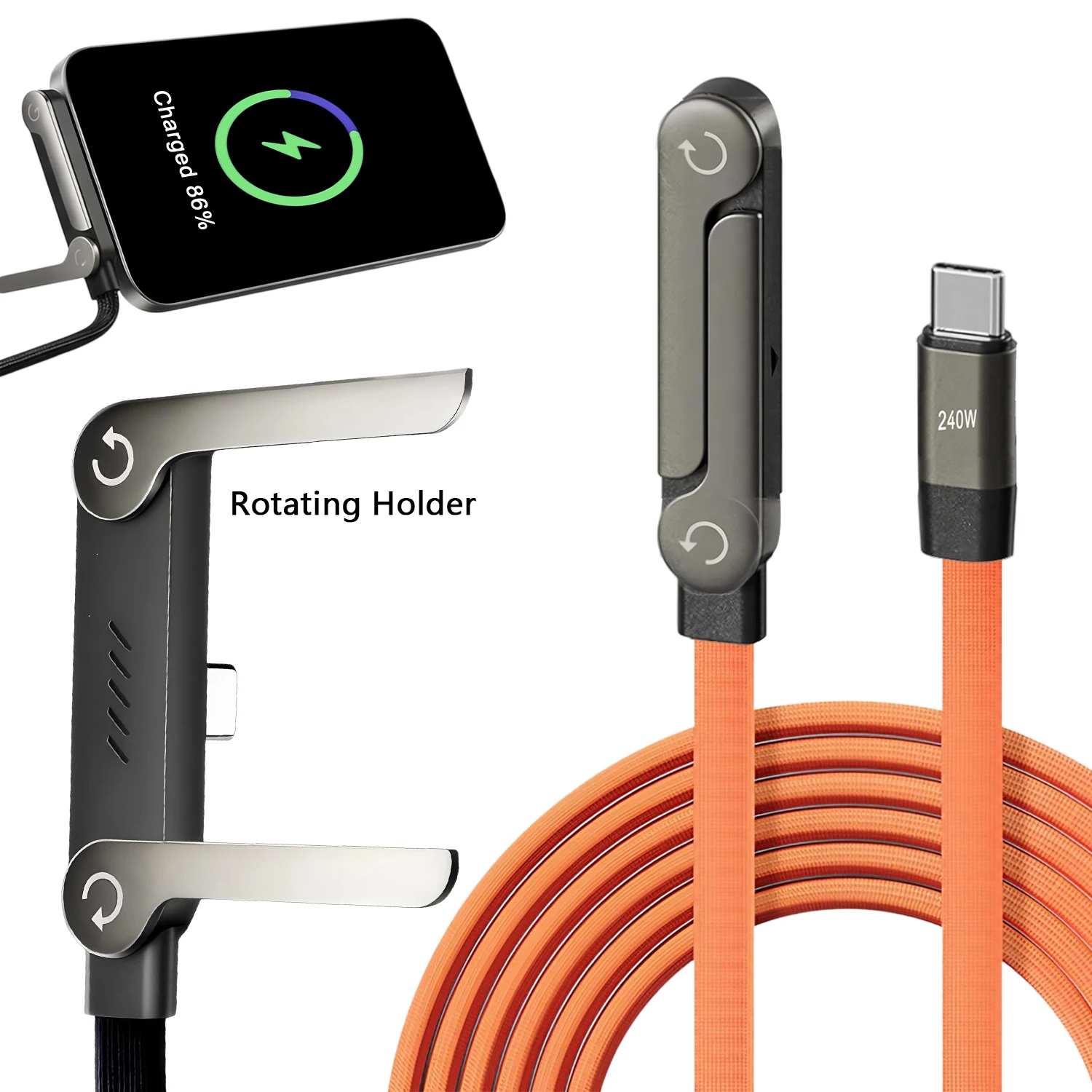 2-IN-1 Type-C Cable Foldable Mobile Phone Holder 240W Fast Charging Data Cable Multi-function Phone Charge Bracket Dual PD Cable