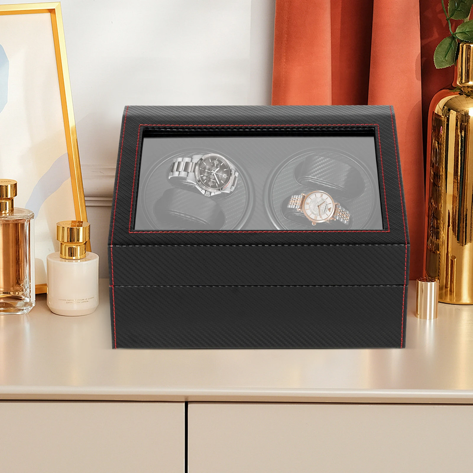 

Fiber watch box, velvet lining, black,Carbon fiber PU leather lining，jewelry box，display box，Modern，store display