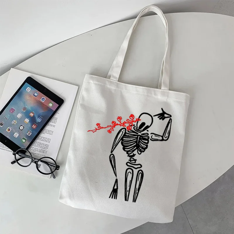 

Bone Pattern Printed Canvas Bag Y2k Popular Style Ladies Eco-friendly Large Capacity Daily Retro Street Shopping Bag Schoolbag