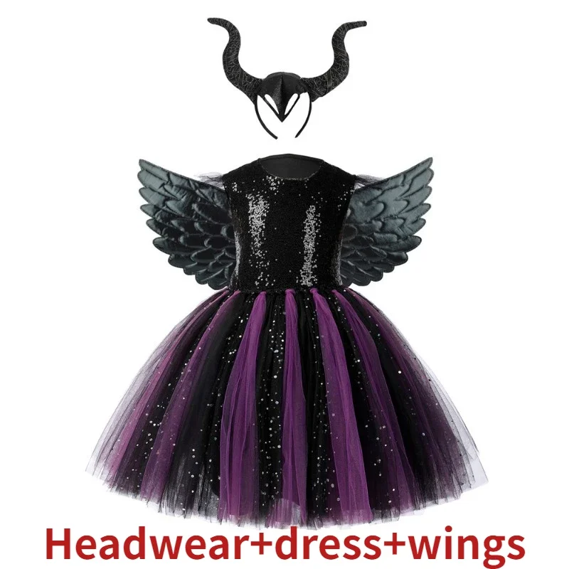 New Children\'s Day Girls Tutu Dress with Horns Wings Sparkly Girl Fancy Dress Devil Dark Witch Cosplay Kids Halloween Costumes