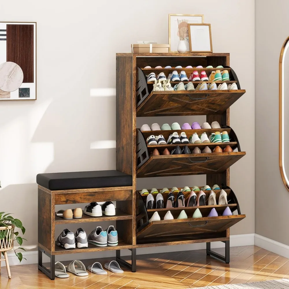 

Farmhouse Entryway Shoe Cabinet: 3 Flip Drawers + Shoe Bench | Narrow Slim Storage Organizer & Rustic Shoe Rack