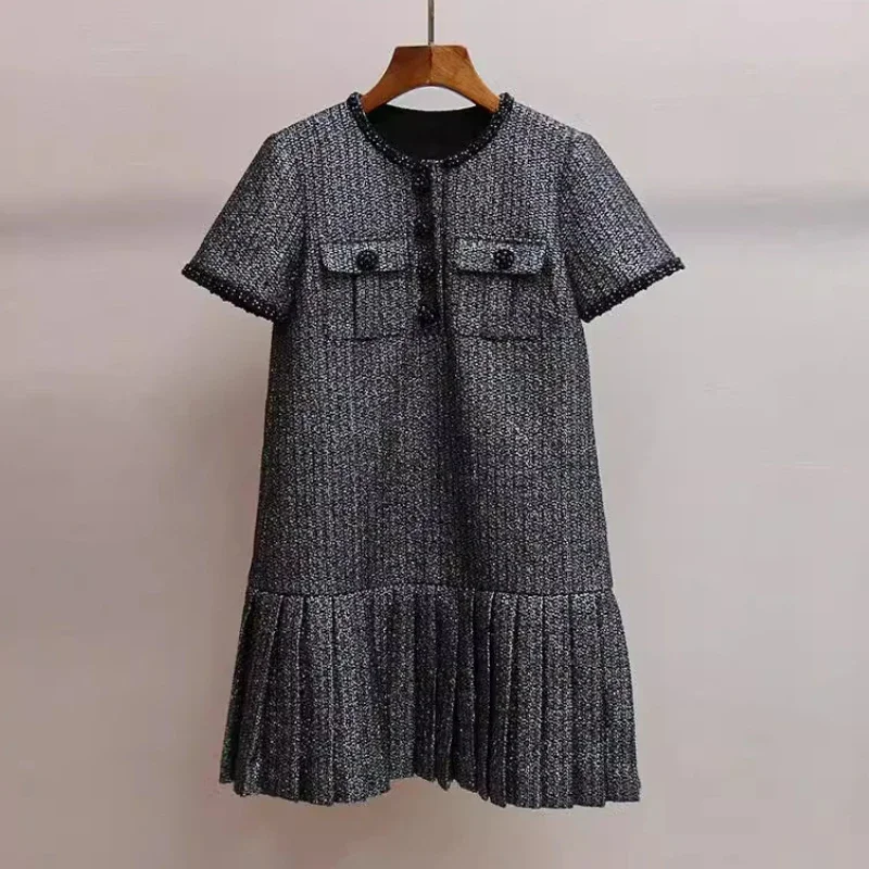 

Women's new autumn and winter tweed patchwork dress round neck short sleeves cascading ruffles elegant mini dress