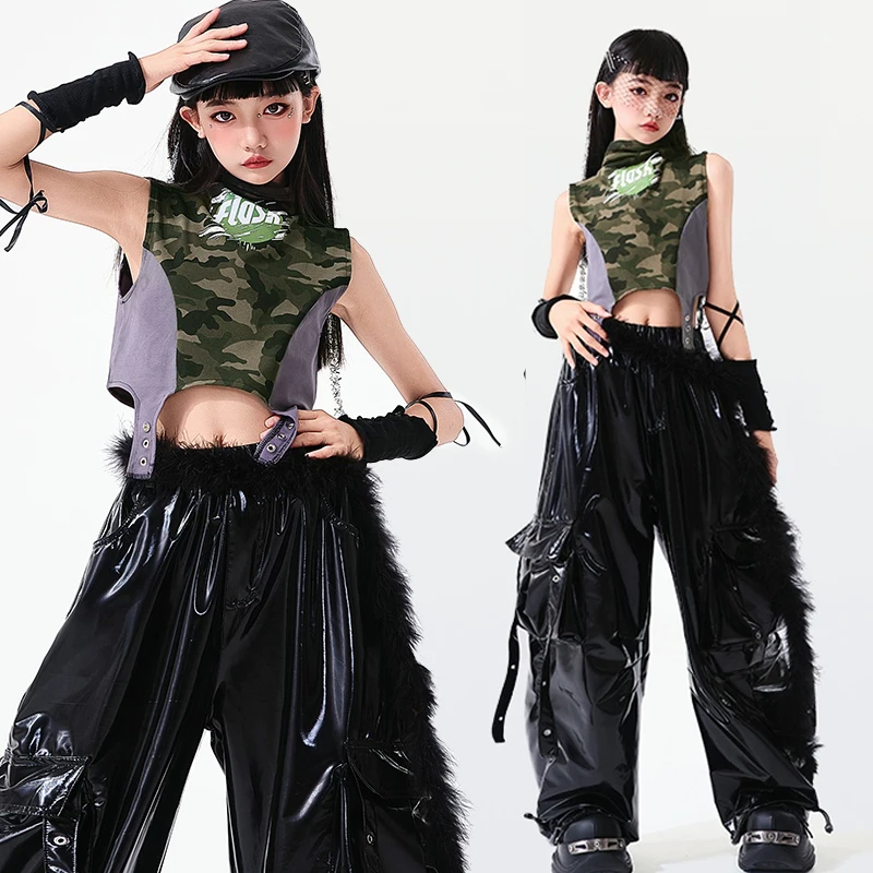 

Girls Jazz Dance Outfit Kpop Stage Performance Costume Camouflage Tank Top Black Shuffle Pants Kid Hip Hop Street Dancewear 2216