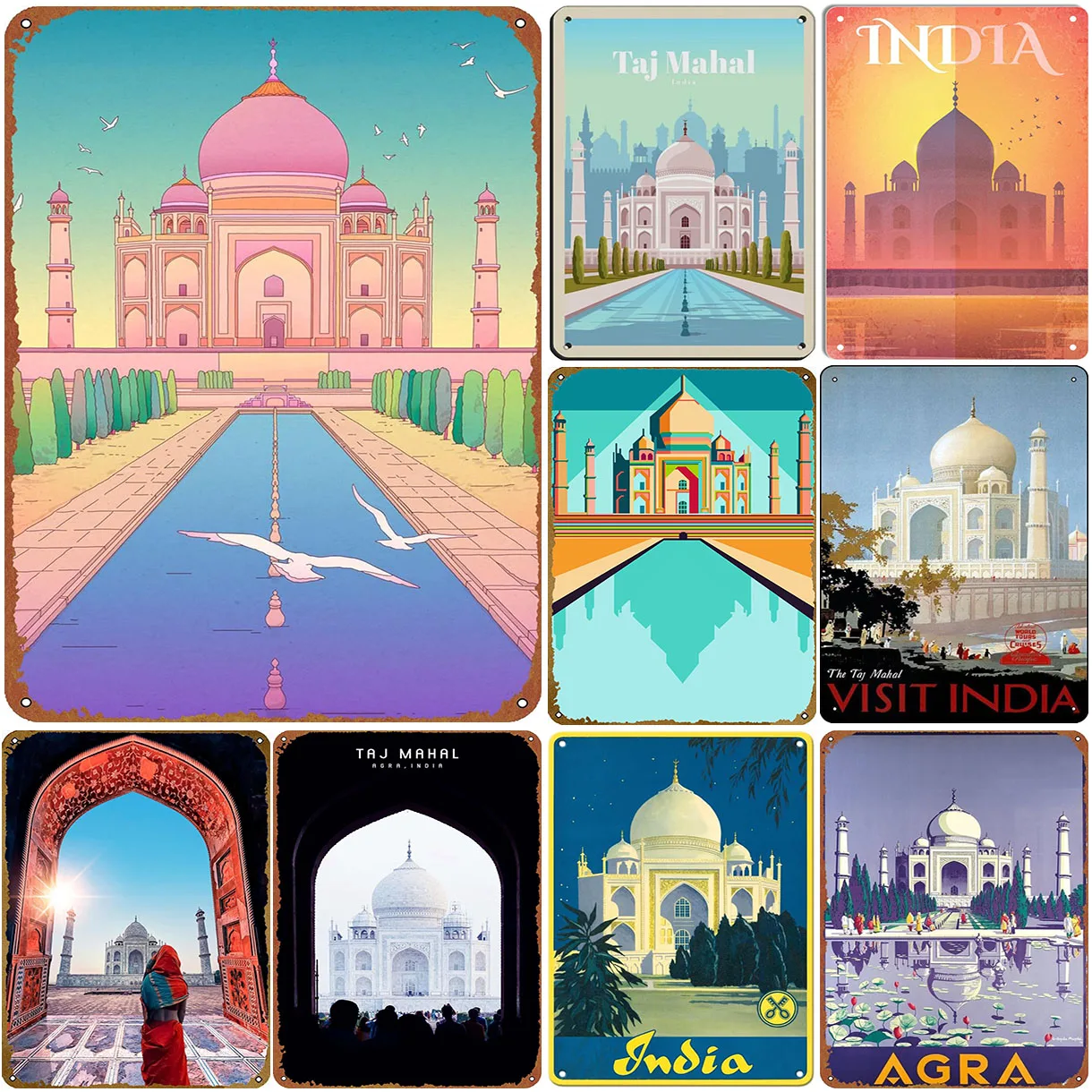 Vintage Metall Blechschilder Indien Taj Mahal Wandkunst Poster Teller Wanddekoration für Zuhause Film Bars Man Cave Cafe Clubs Garage Retro