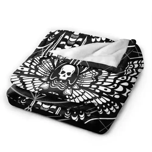 Throw Blanket for Kid Teen Adult Black Skull Moth Dead Head Mystical Circle Esoteric Wildlife Cult Occult Alchemy Ancient，Custom