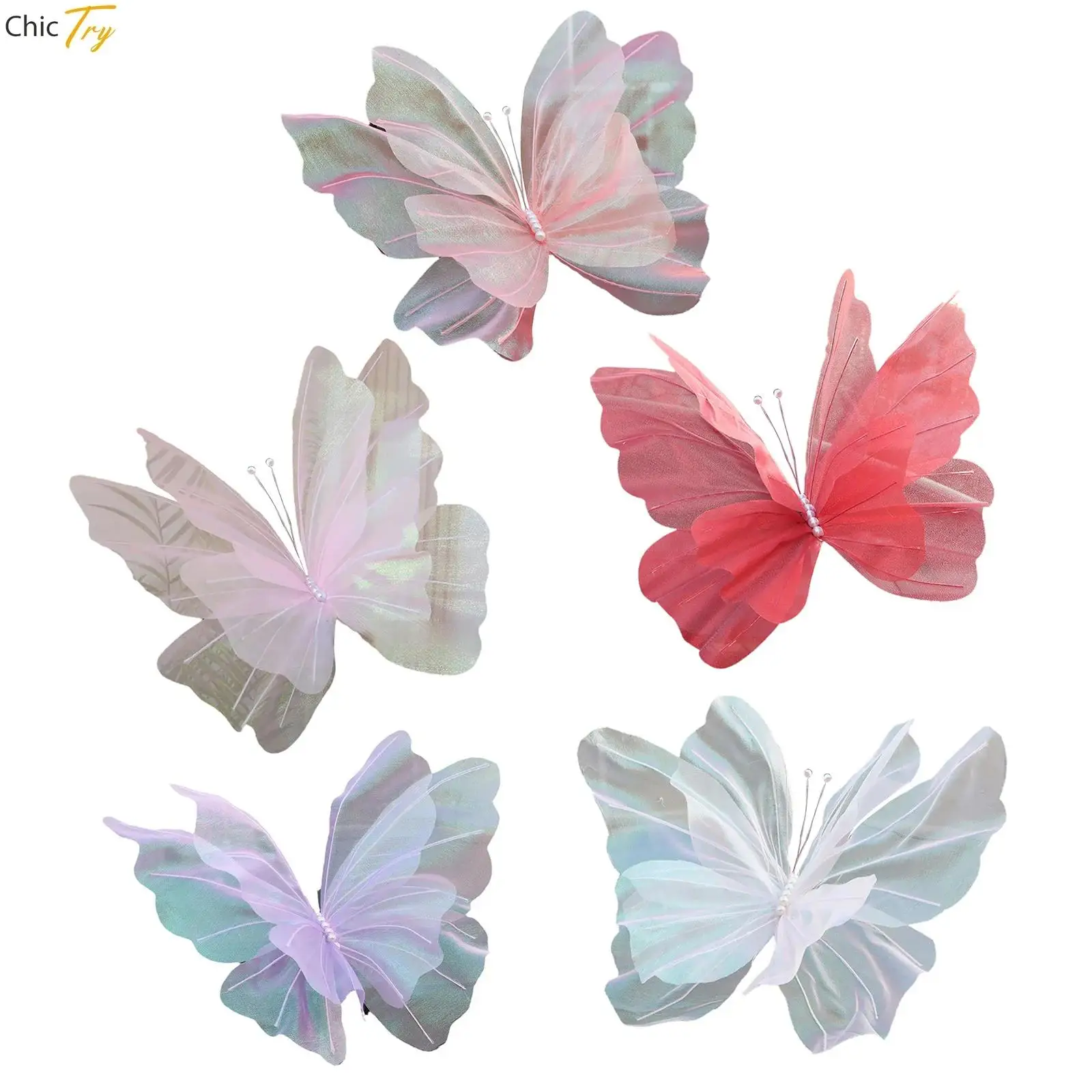 

3D Artificial Butterfly Gradient Gauze Wing Faux Pearl Butterfly for Garment Accessorie Decor Wall Wedding Marriage Party Window