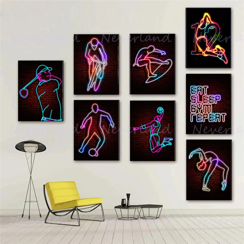 Basketball Football Gymnastics Sports Neon Fluorescence Lineart Poster Canvas Painting and Print Wall Art Picture for Room Decor