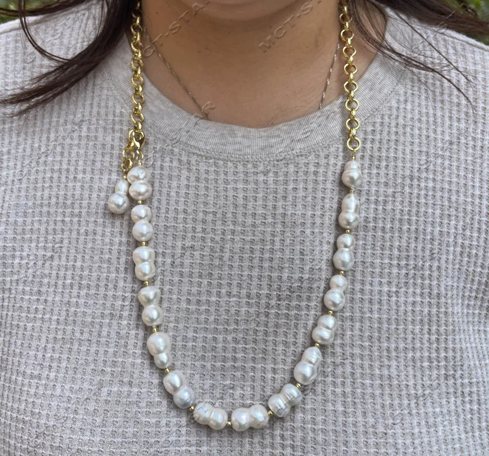 

Z13236 30'' 18mm White Double Pearl Gold Plated Chain Necklace Pendant Custom Jewelry