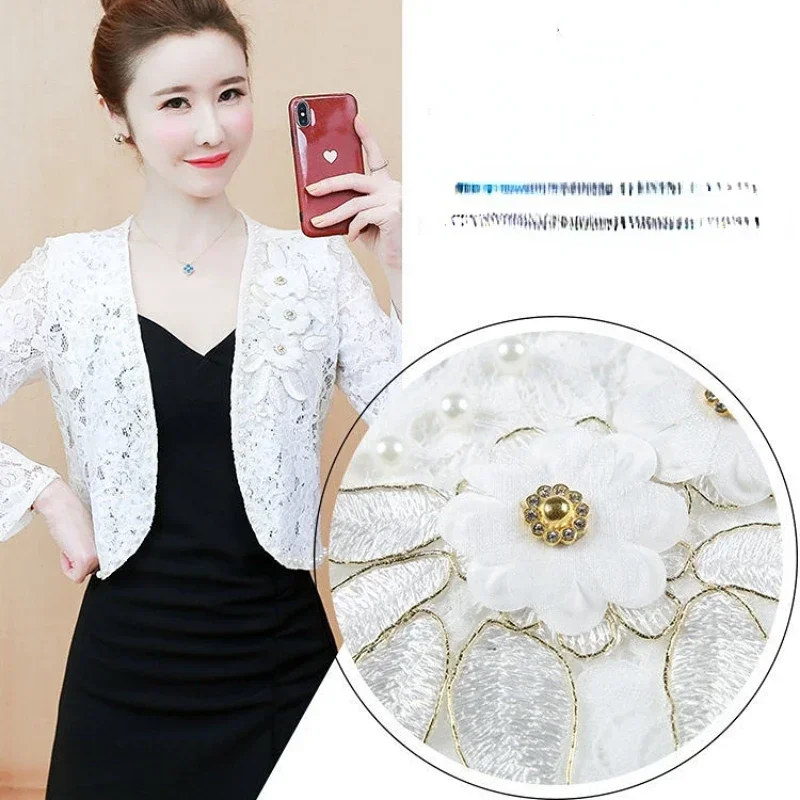 Veste courte de protection solaire pour femme, haut en dentelle, cardigan en dentelle, perles fines, fleurs brodées, petit châle en diamant,