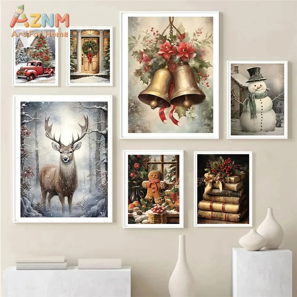 Vintage Winter Christmas Gingerbread  Сottage Santa Poster Canvas Painting Wall Art Picture Restaurant Living Room Home Decor