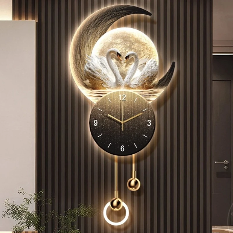 Nordic Living Room Swan Wall Clock Villa LED Digital Clock Restaurant Mute Quartz Clock Luxury Corridor Mural Watch Home Decor