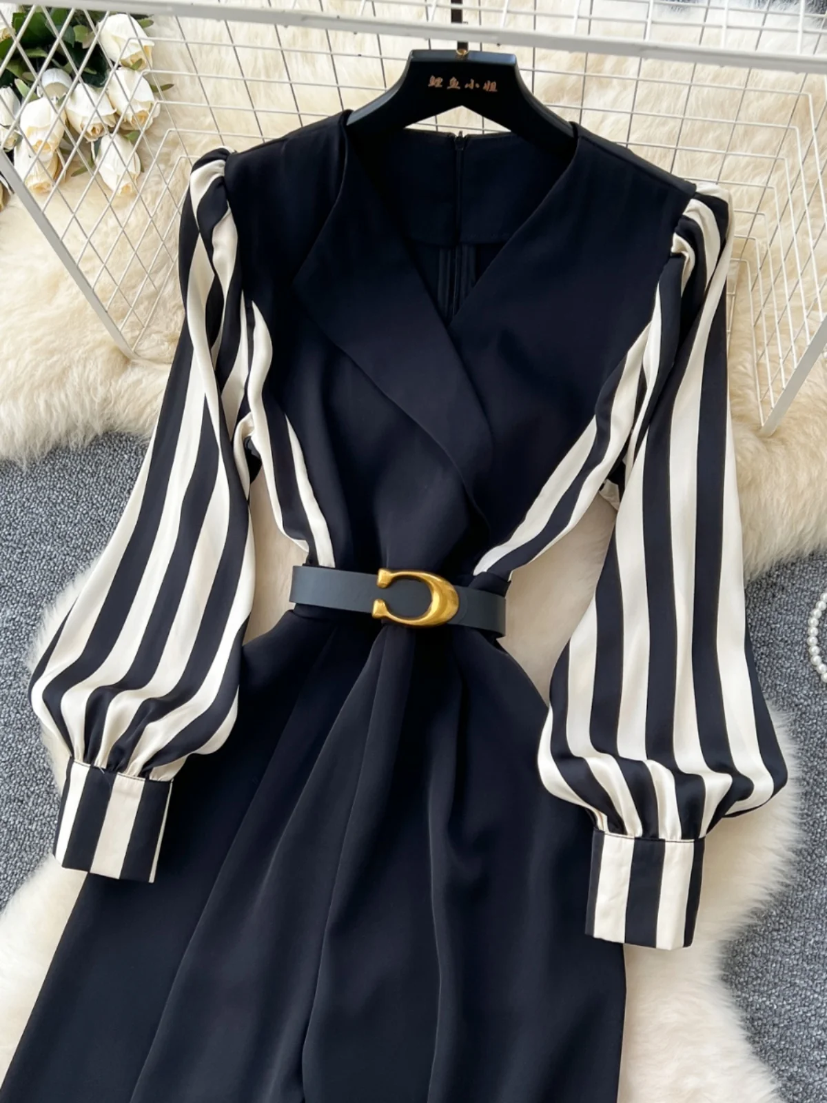 Gestreepte jumpsuits dames vintage lantaarn mouw elegante kantoor speelpakjes vrouwelijke hoog getailleerde rechte broek jumpsuits met riem