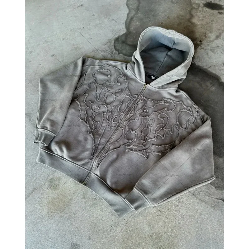 American Y2K Harajuku Retro gotico punk ricamato con cerniera giacca con cappuccio da uomo tendenza casual felpa oversize da donna Street wear