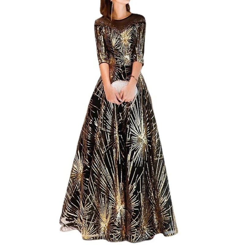 Customized Luxury Shinny O-neck Temperament Half Sleeve Long Formal Evening Dress High End Exquisite Lurex Print Vestidos Long T