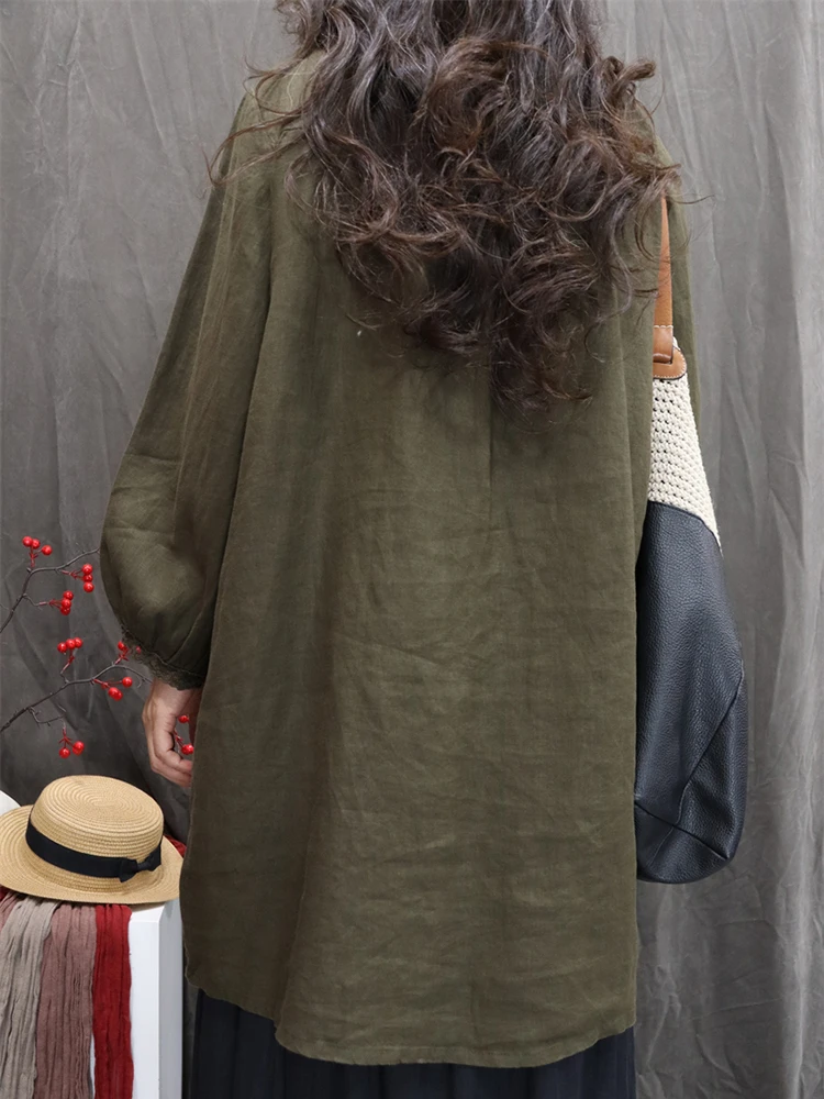 100% Linnen Vrouwen Casual Jurk Nieuwe 2025 Herfst Vintage Stijl O-hals Kant Effen Kleur Losse Vrouwelijke knielange A-lijn Jurk M2144