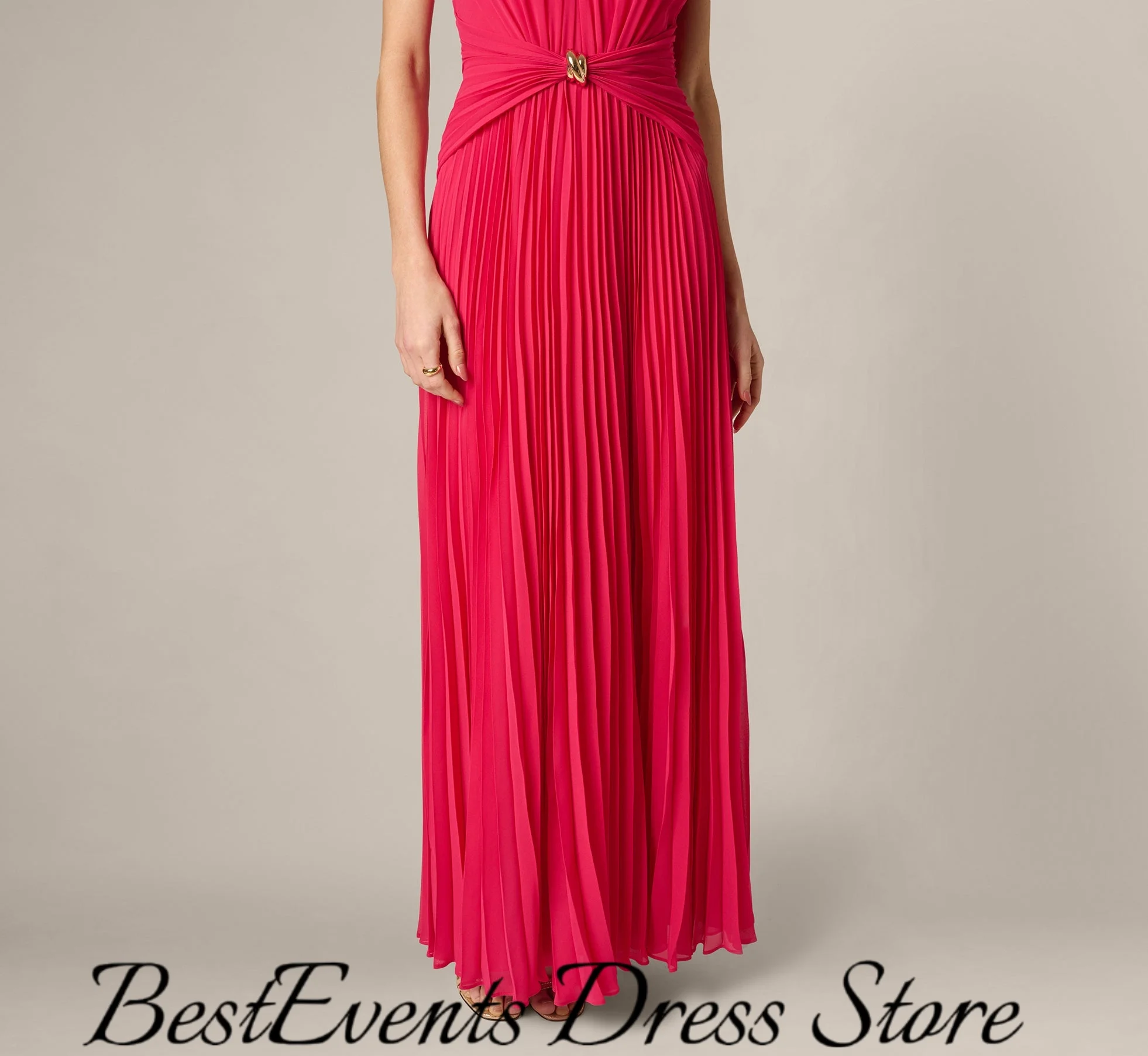 Soft Chiffon Customized Halter Dress Metal Ring Detail Pleated Floor Length Backless Gown  For Evening Party