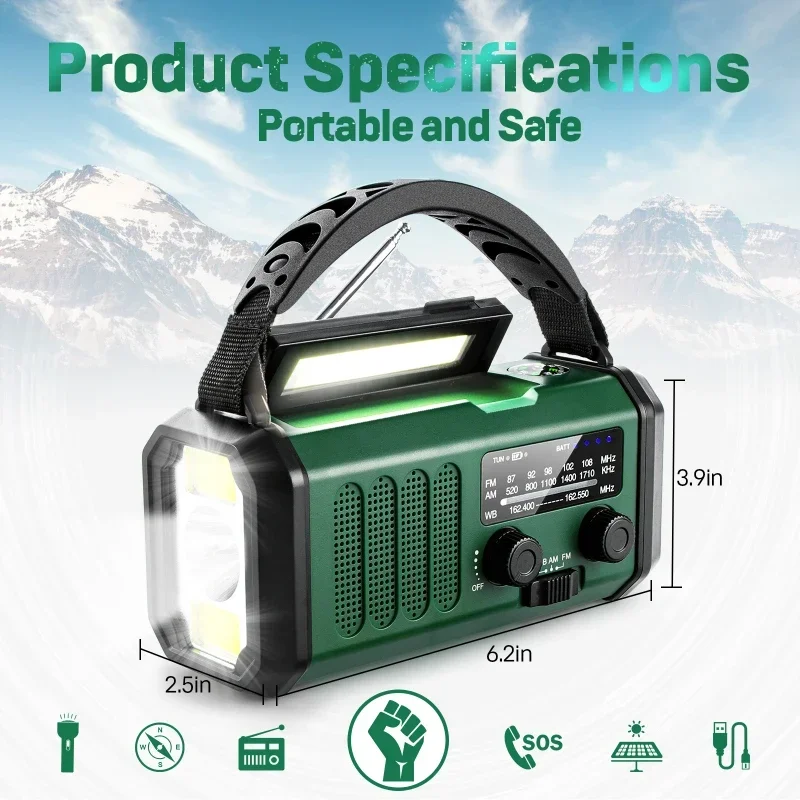 10000mAh Solar Crank Emergency Radio NOAA/AM/FM Weather Radio With Torch LED Reading Lamp SOS Alarm Compass for Outdoor Survival