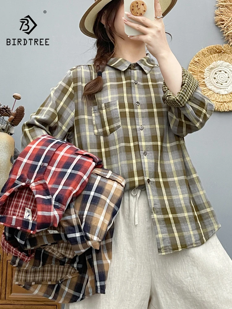 

New 2026 Spring Women Cotton Yarn Long Sleeve Shirt, Turn-down Collar Plaid, Mori Girl Fashion Casual Thin Loose Blouse T63754CC