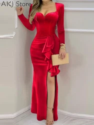 Women Long Sleeve Ruffle High Slit Velvet Party Dress