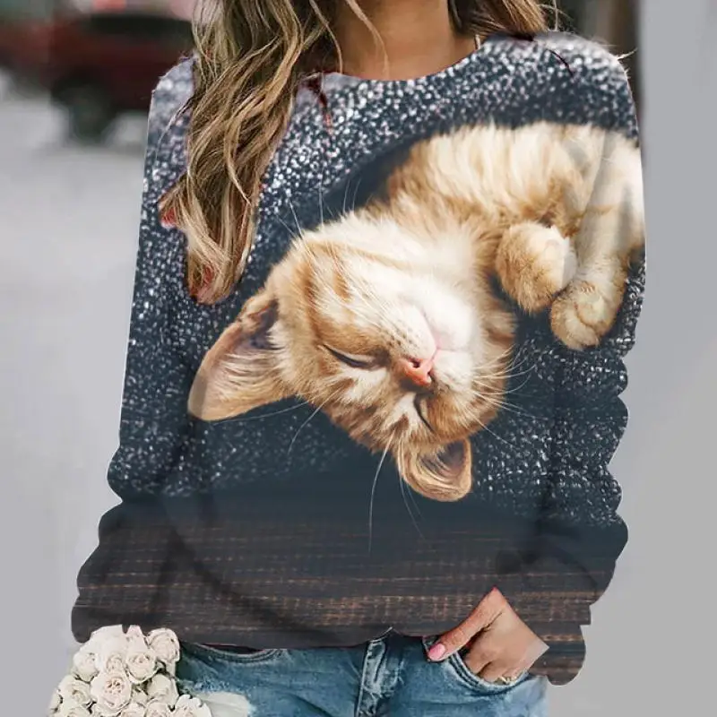 Design Sense 24 Early Autumn New Product Cat Print Pattern Long Sleeved T-Shirt Casual Hoodie European And American StyleWA2