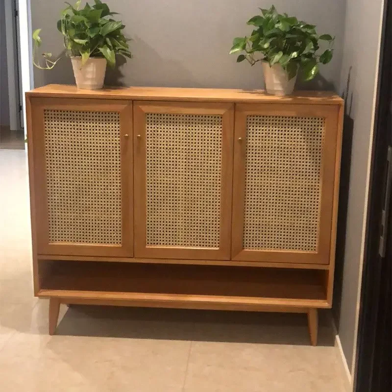 Nordic solid wood rattan shoe cabinets are breathable and simple, and modern Japanese-style entrance cabinets are large-capacity