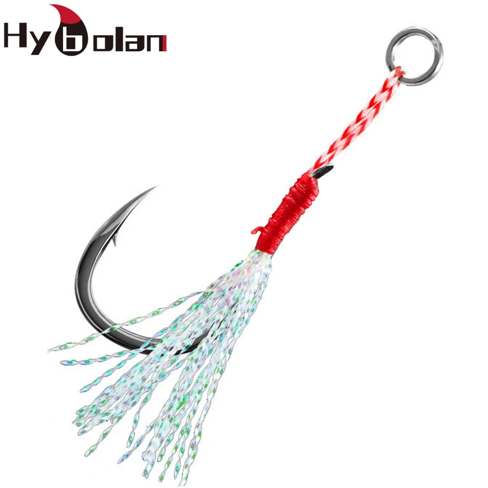 HYBOLAN 10pcs Fishing Metal lure Jigbait Single Hooks Slow Jigging Cast Jigs Assist Barbed Feather Hook Pesca High Carbon Steel