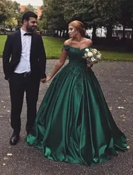 Off the Shoulder Dark Green Ball Gown Colorful Wedding Dresses Lace Satin Dubai Arabic Colored Bridal Gowns Custom فساتين سهرة