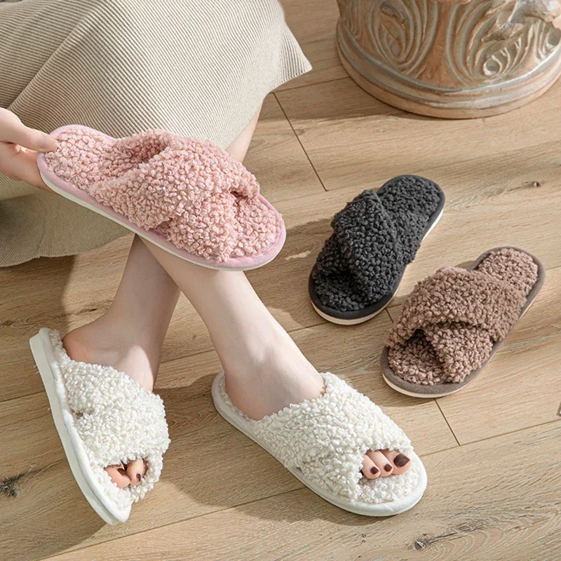 Fashion Cross Strap Fuzzy Slippers Women Indoor House Non Slip Warm Plush Woman Slippers Winter Comfort Soft Sole Cotton Slides image 2
