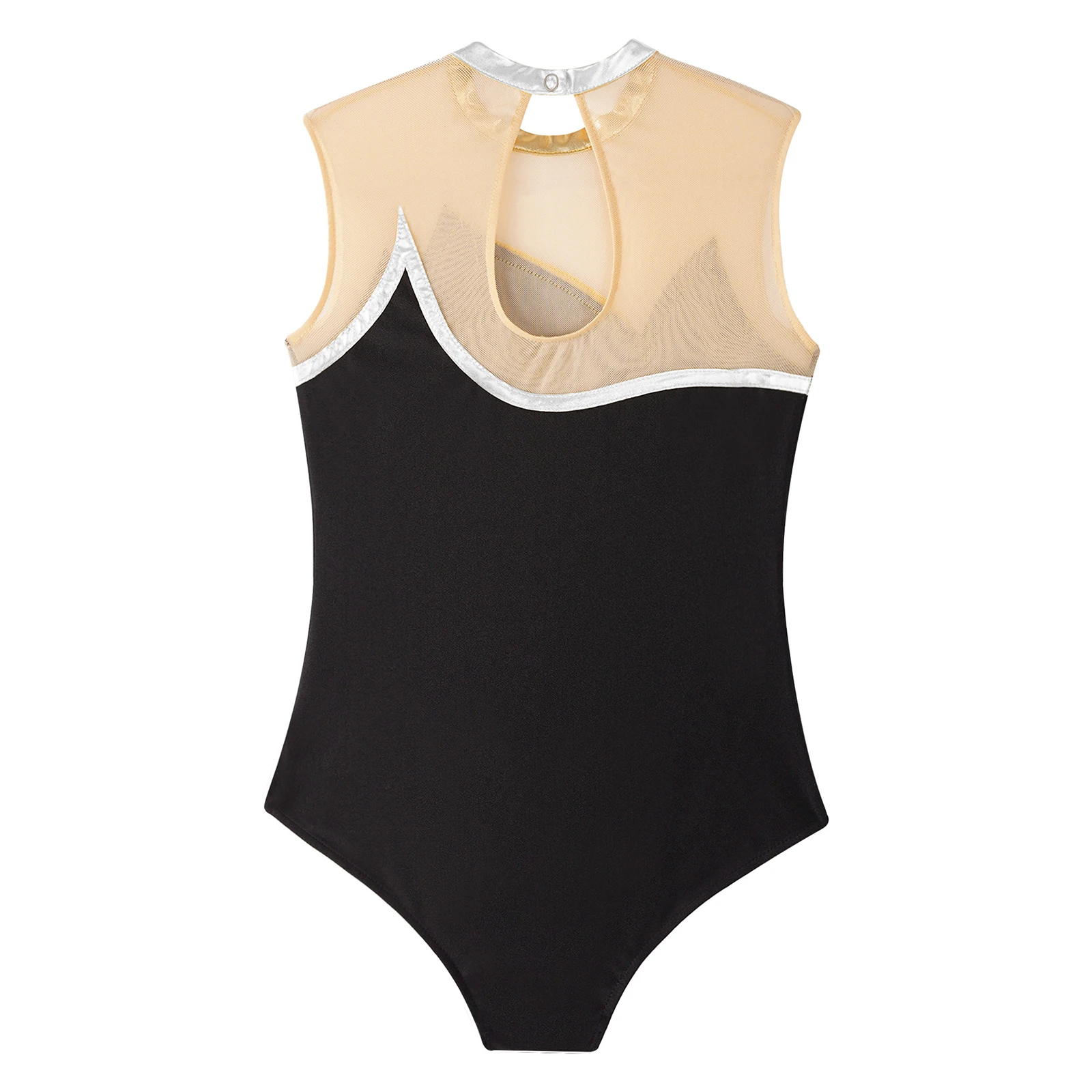 Kids Girls Metallic Striped Dance Unitards Sleeveless Turtleneck Sheer Mesh Patchwork Gymnastics Leotard Bodysuit
