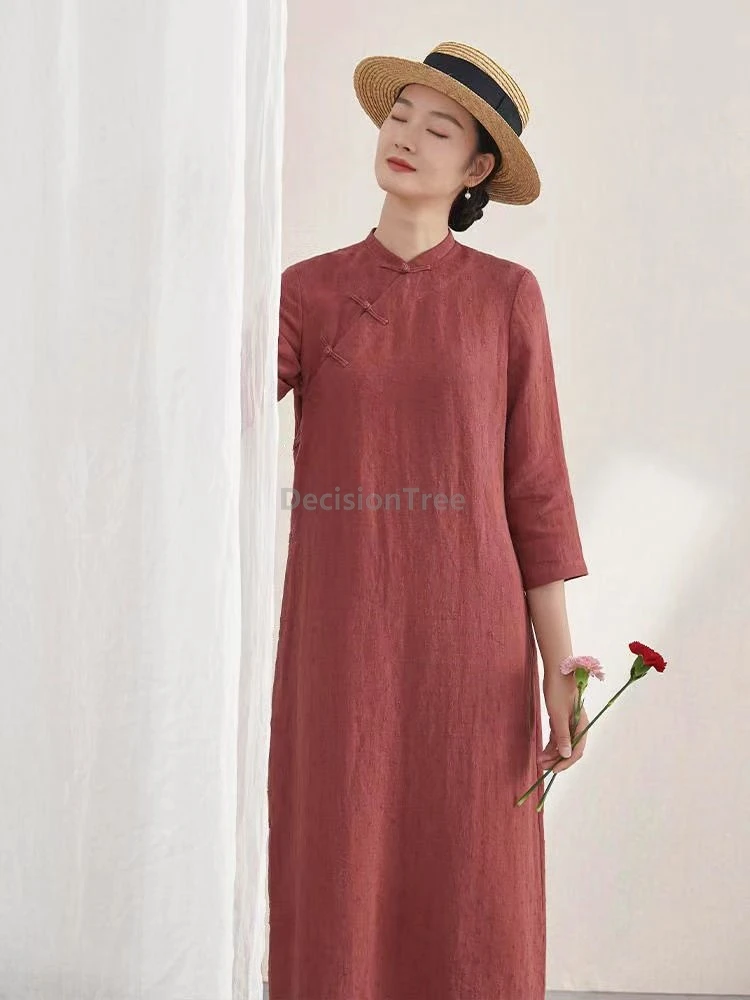 2026 pure cotton retro literature art qipao autumn seven-point sleeved improved qipao dress elegant casual chinese women's dress