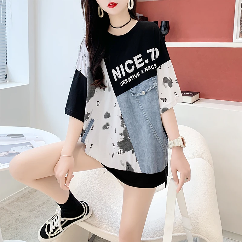 Denim Stitching T Shirts Women Design Sense Fashion Mid-length T-shirt Summer Trendy Casual Loose Oversized Short Sleeve Tshirt