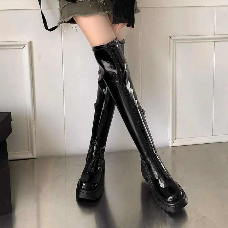 Krazing Pot Cow Leather Round Toe Thick High Heels Motorcycles Boots Winter Punk Design Keep Warm Elastic Over-the-knee Boots