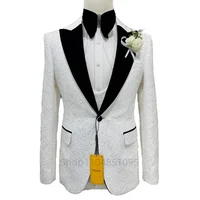 Trajes de hombre de Jacquard marfil, chaqueta negra con solapa de pico, esmoquin de boda, Terno Masculino, novio de graduación, traje ajustado de 3 uds, conjuntos para hombre