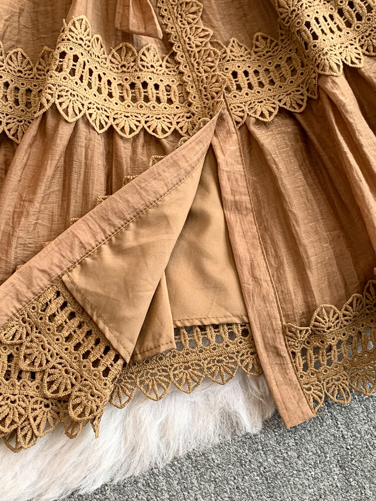 Luksusowa damska sukienka koszulowa z koronkowymi wstawkami i szarfami Elegancka biała sukienka midi z długim rękawem 2025 New Beach Ladies INKEO 5D159