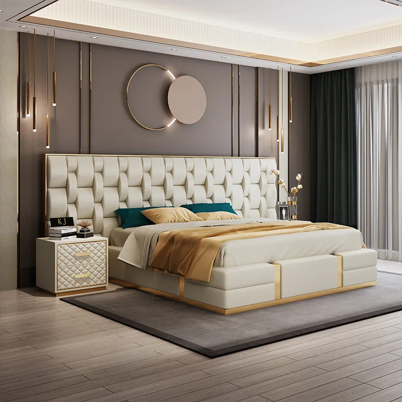 Modern Luxury Double Bed Elegant High-End Genuine Leather Bedroom Furniture King/Queen Size Suites for Home & Hotel Villa